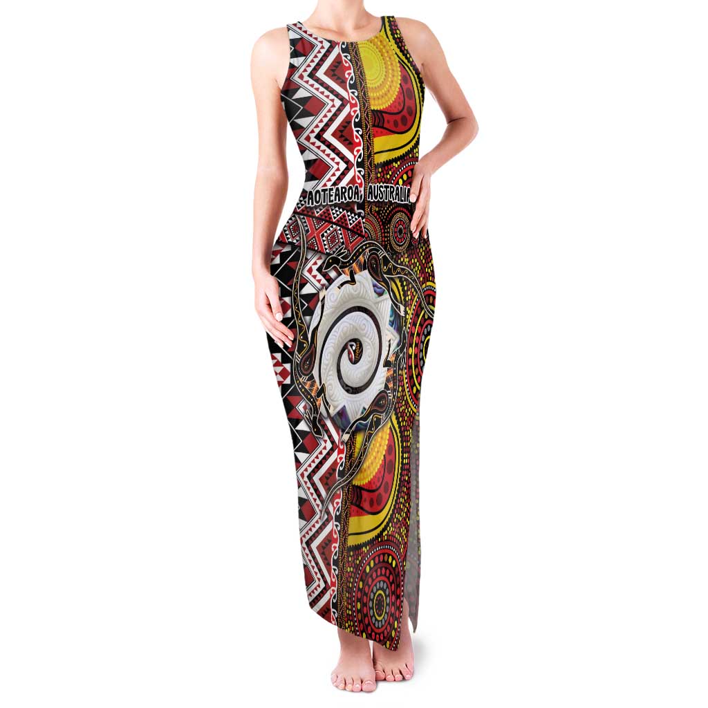 Personalised Aotearoa and Australia Together Family Matching Tank Maxi Dress and Hawaiian Shirt Koru and Kangaroo - Taniko with Aboriginal Motif LT03 Mom's Dress Black - Polynesian Pride