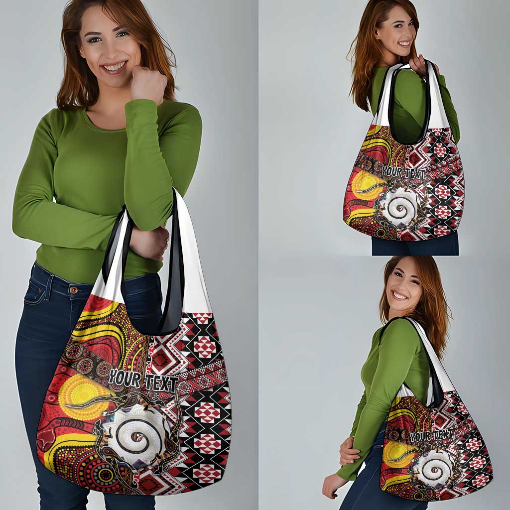 Personalised Aotearoa and Australia Together Grocery Bag Koru and Kangaroo - Taniko with Aboriginal Motif