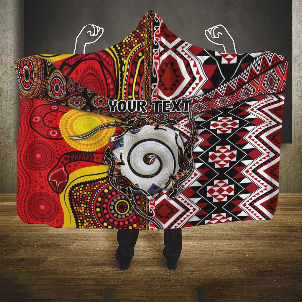 Personalised Aotearoa and Australia Together Hooded Blanket Koru and Kangaroo - Taniko with Aboriginal Motif