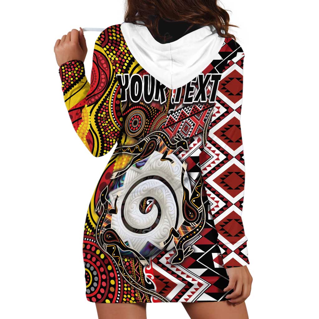 Personalised Aotearoa and Australia Together Hoodie Dress Koru and Kangaroo - Taniko with Aboriginal Motif