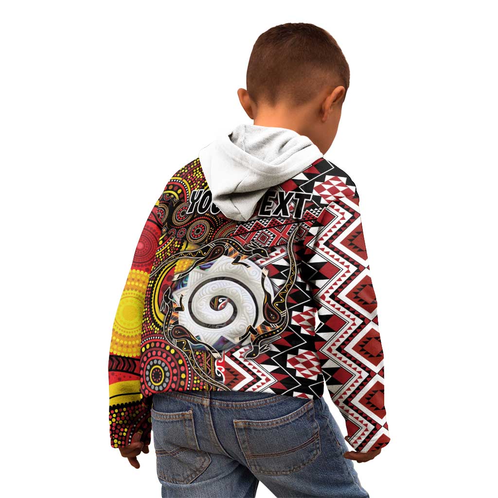 Personalised Aotearoa and Australia Together Kid Hoodie Koru and Kangaroo - Taniko with Aboriginal Motif
