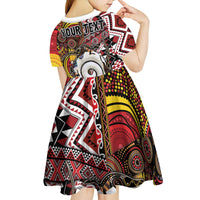 Personalised Aotearoa and Australia Together Kid Short Sleeve Dress Koru and Kangaroo - Taniko with Aboriginal Motif
