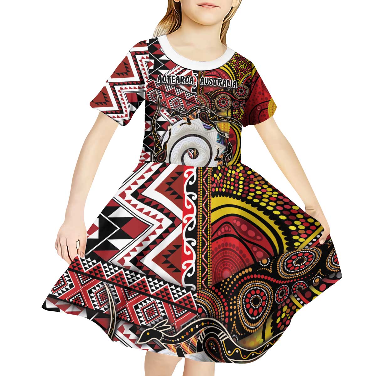 Personalised Aotearoa and Australia Together Kid Short Sleeve Dress Koru and Kangaroo - Taniko with Aboriginal Motif