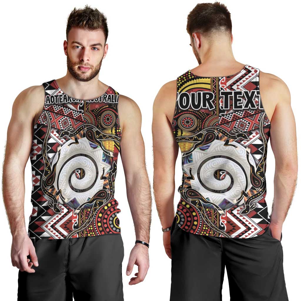 Personalised Aotearoa and Australia Together Men Tank Top Koru and Kangaroo - Taniko with Aboriginal Motif