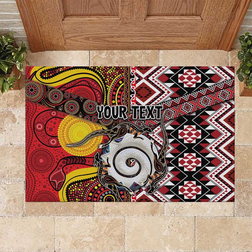 Personalised Aotearoa and Australia Together Rubber Doormat Koru and Kangaroo - Taniko with Aboriginal Motif LT03 Black - Polynesian Pride