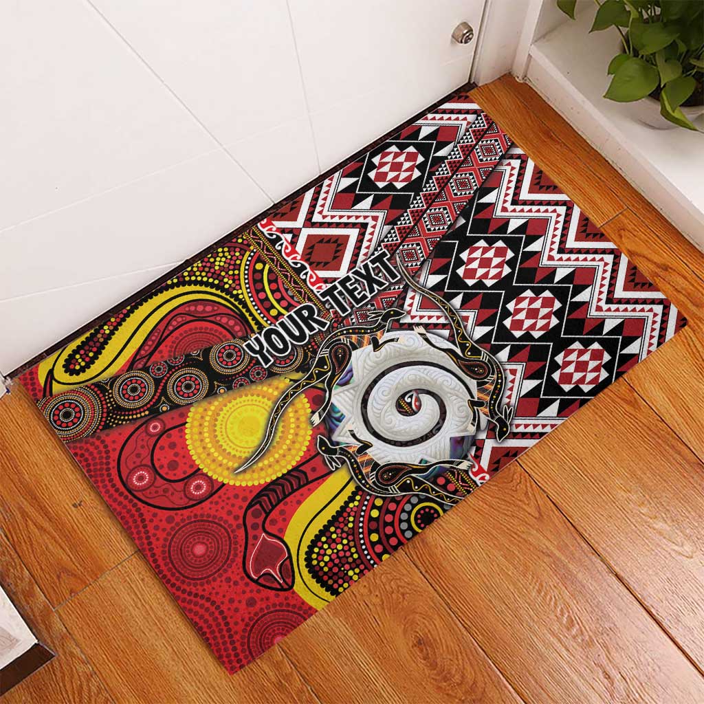 Personalised Aotearoa and Australia Together Rubber Doormat Koru and Kangaroo - Taniko with Aboriginal Motif LT03 - Polynesian Pride