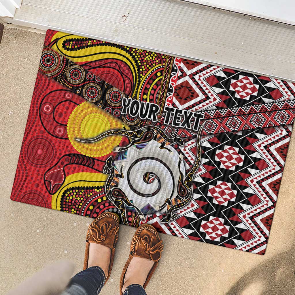 Personalised Aotearoa and Australia Together Rubber Doormat Koru and Kangaroo - Taniko with Aboriginal Motif LT03 - Polynesian Pride