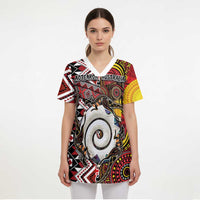 Personalised Aotearoa and Australia Together Scrub Top Koru and Kangaroo - Taniko with Aboriginal Motif - Polynesian Pride