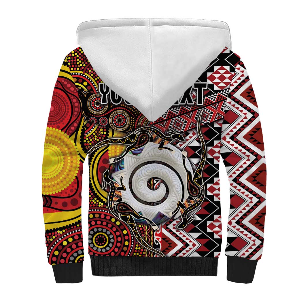 Personalised Aotearoa and Australia Together Sherpa Hoodie Koru and Kangaroo - Taniko with Aboriginal Motif