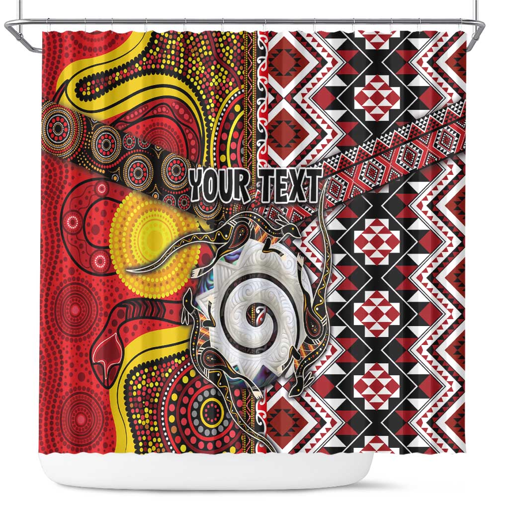 Personalised Aotearoa and Australia Together Shower Curtain Koru and Kangaroo - Taniko with Aboriginal Motif LT03 Black - Polynesian Pride