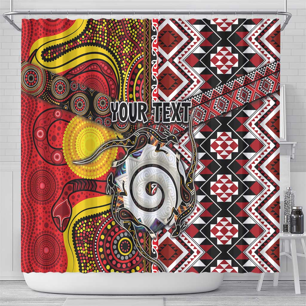 Personalised Aotearoa and Australia Together Shower Curtain Koru and Kangaroo - Taniko with Aboriginal Motif LT03 - Polynesian Pride