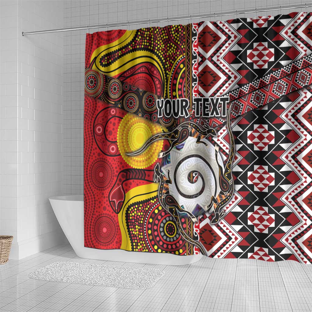 Personalised Aotearoa and Australia Together Shower Curtain Koru and Kangaroo - Taniko with Aboriginal Motif LT03 - Polynesian Pride