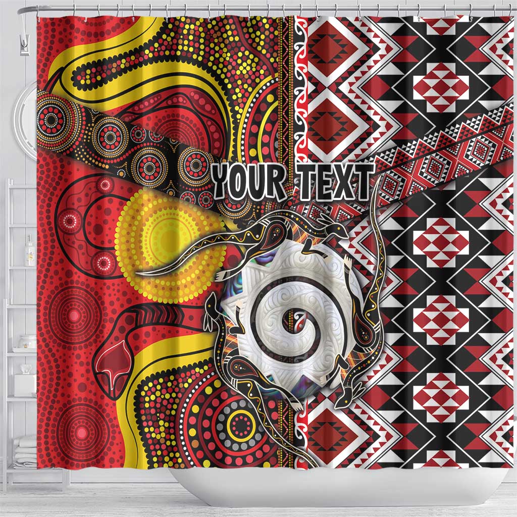 Personalised Aotearoa and Australia Together Shower Curtain Koru and Kangaroo - Taniko with Aboriginal Motif LT03 - Polynesian Pride