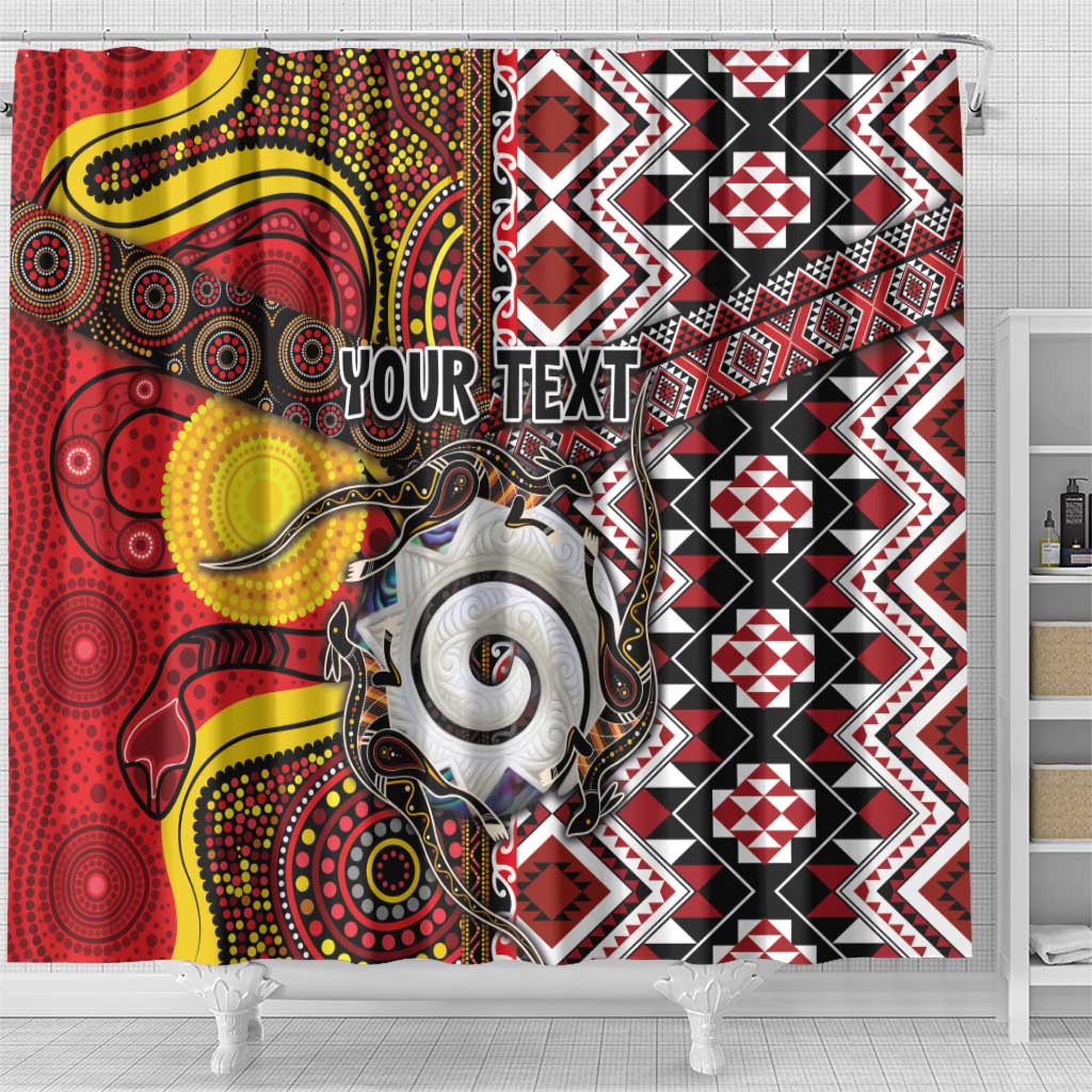 Personalised Aotearoa and Australia Together Shower Curtain Koru and Kangaroo - Taniko with Aboriginal Motif LT03 - Polynesian Pride