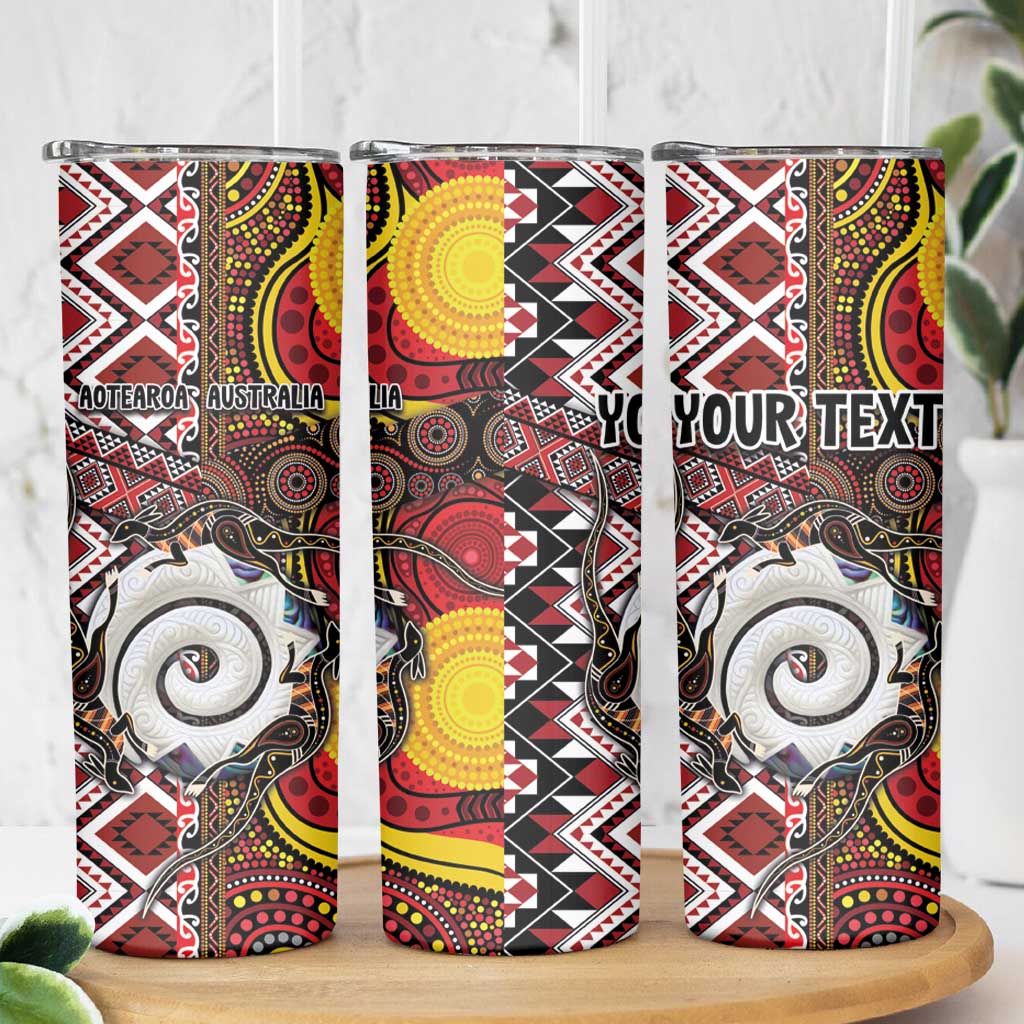 Personalised Aotearoa and Australia Together Skinny Tumbler Koru and Kangaroo - Taniko with Aboriginal Motif LT03 - Polynesian Pride