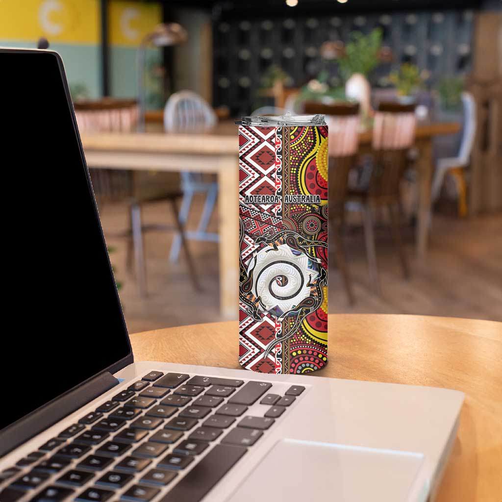 Personalised Aotearoa and Australia Together Skinny Tumbler Koru and Kangaroo - Taniko with Aboriginal Motif LT03 - Polynesian Pride