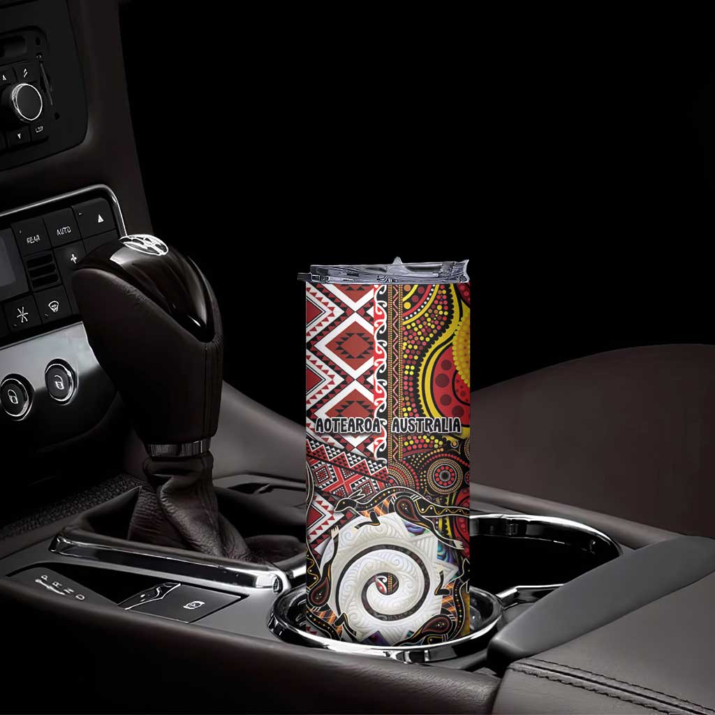 Personalised Aotearoa and Australia Together Skinny Tumbler Koru and Kangaroo - Taniko with Aboriginal Motif LT03 - Polynesian Pride
