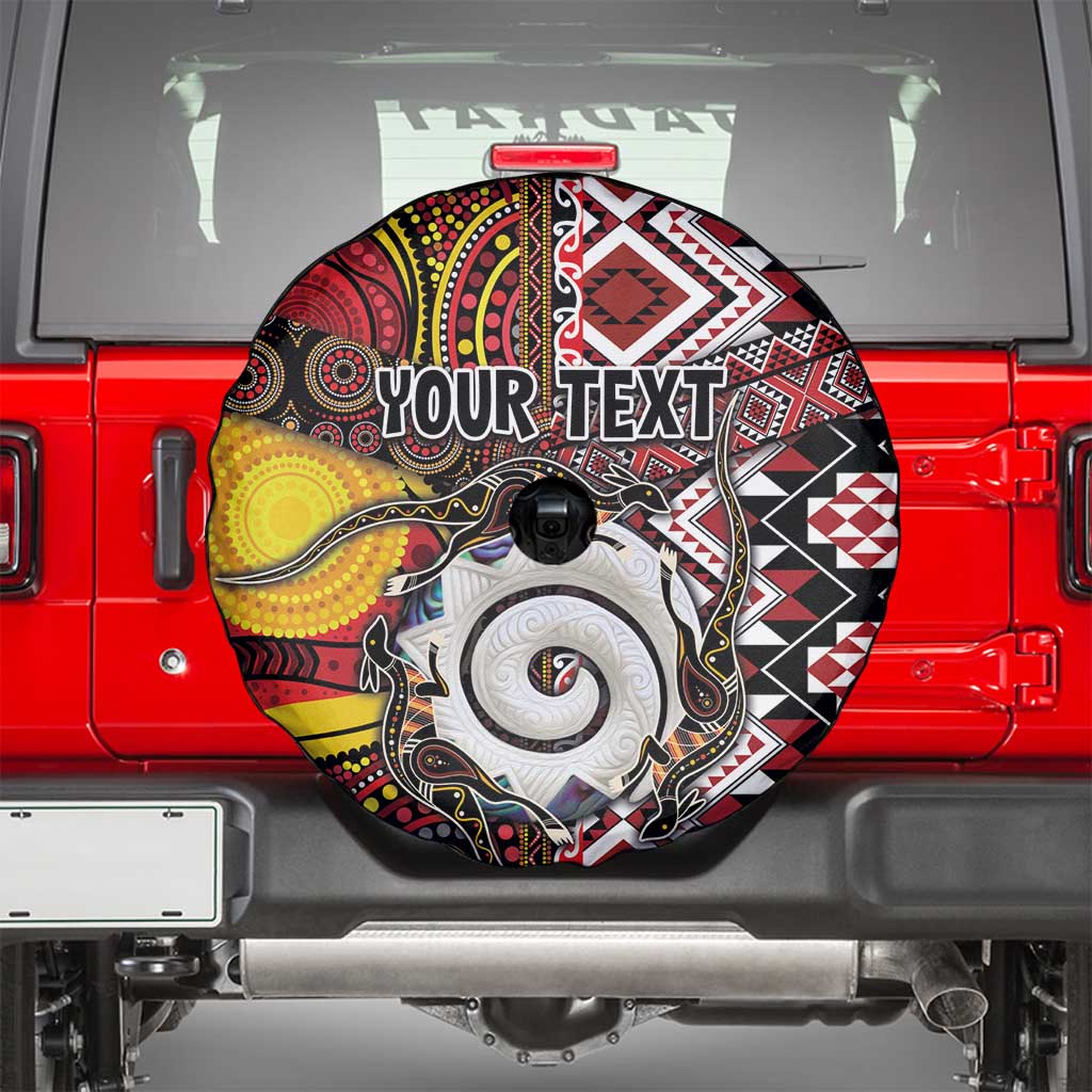 Personalised Aotearoa and Australia Together Spare Tire Cover Koru and Kangaroo - Taniko with Aboriginal Motif