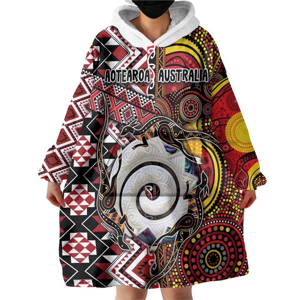 Personalised Aotearoa and Australia Together Wearable Blanket Hoodie Koru and Kangaroo - Taniko with Aboriginal Motif