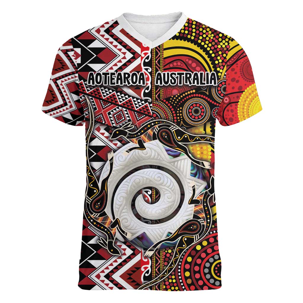 Personalised Aotearoa and Australia Together Women V-Neck T-Shirt Koru and Kangaroo - Taniko with Aboriginal Motif LT03 Female Black - Polynesian Pride