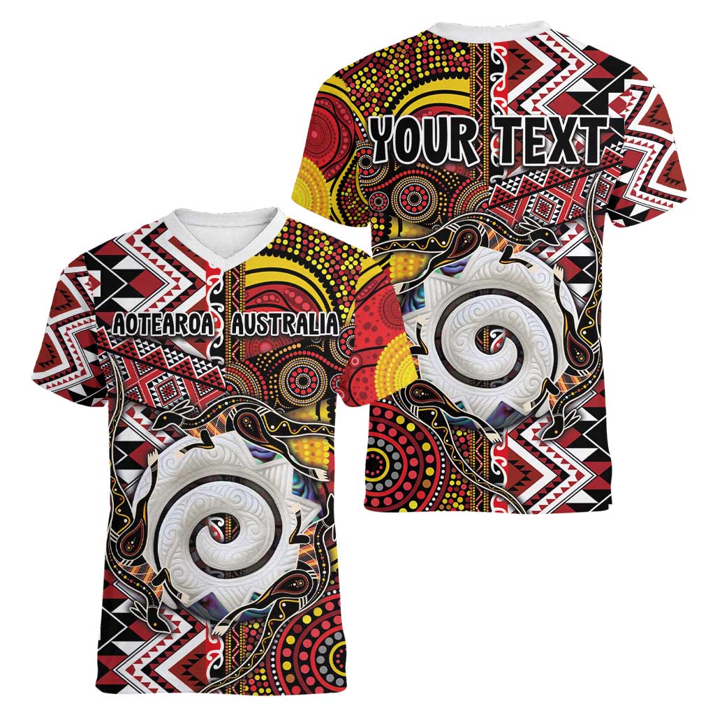 Personalised Aotearoa and Australia Together Women V-Neck T-Shirt Koru and Kangaroo - Taniko with Aboriginal Motif LT03 - Polynesian Pride