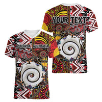 Personalised Aotearoa and Australia Together Women V-Neck T-Shirt Koru and Kangaroo - Taniko with Aboriginal Motif LT03 - Polynesian Pride