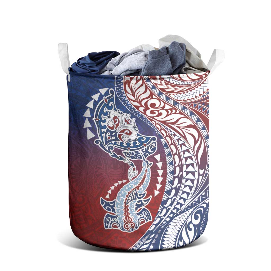 Hawaiian Manta Ray and Hammerhead Shark Tribal Tattoo Laundry Basket with Polynesian Tribal Pattern Hawaii Flag Color LT03 - Polynesian Pride