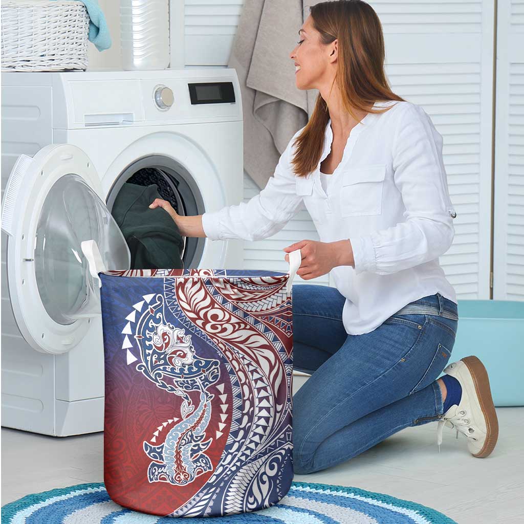 Hawaiian Manta Ray and Hammerhead Shark Tribal Tattoo Laundry Basket with Polynesian Tribal Pattern Hawaii Flag Color LT03 - Polynesian Pride