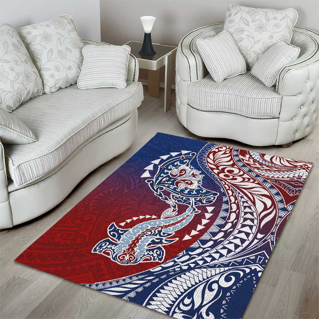 Hawaiian Manta Ray and Hammerhead Shark Tribal Tattoo Area Rug with Polynesian Tribal Pattern Hawaii Flag Color LT03 - Polynesian Pride