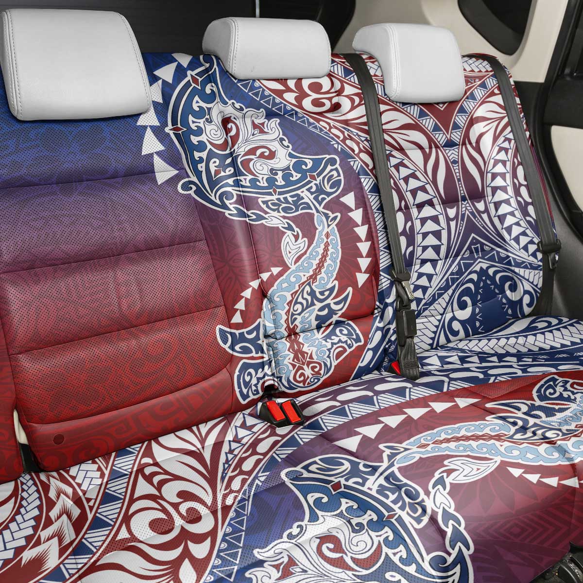 Hawaiian Manta Ray and Hammerhead Shark Tribal Tattoo Back Car Seat Cover with Polynesian Tribal Pattern Hawaii Flag Color LT03 - Polynesian Pride