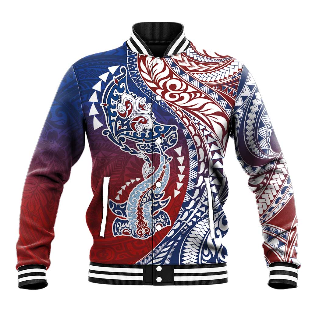 Hawaiian Manta Ray and Hammerhead Shark Tribal Tattoo Baseball Jacket with Polynesian Tribal Pattern Hawaii Flag Color LT03 Unisex Multicolor - Polynesian Pride