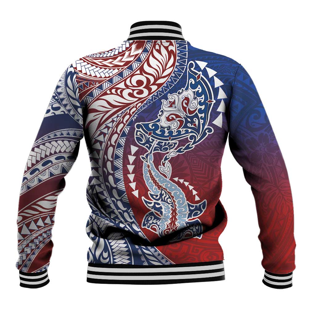 Hawaiian Manta Ray and Hammerhead Shark Tribal Tattoo Baseball Jacket with Polynesian Tribal Pattern Hawaii Flag Color LT03 - Polynesian Pride