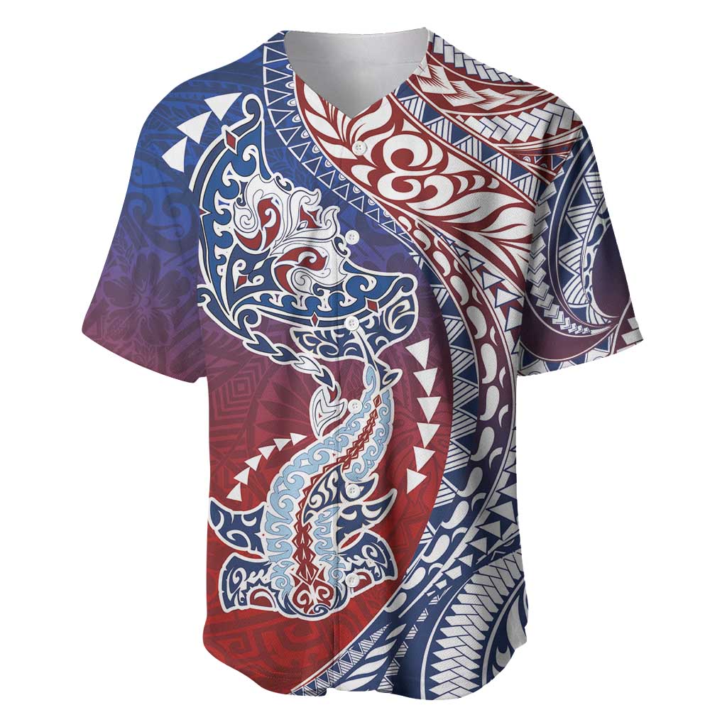 Hawaiian Manta Ray and Hammerhead Shark Tribal Tattoo Baseball Jersey with Polynesian Tribal Pattern Hawaii Flag Color LT03 Multicolor - Polynesian Pride