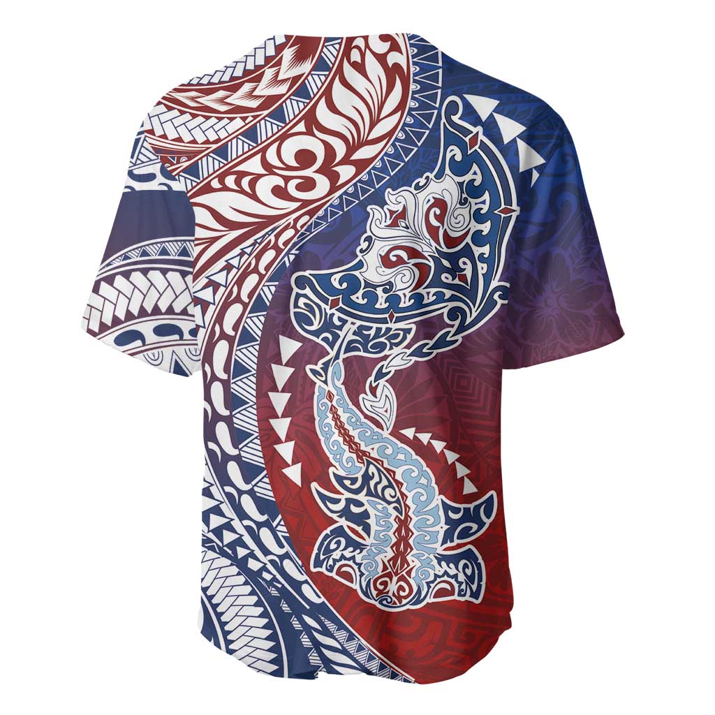 Hawaiian Manta Ray and Hammerhead Shark Tribal Tattoo Baseball Jersey with Polynesian Tribal Pattern Hawaii Flag Color LT03 - Polynesian Pride