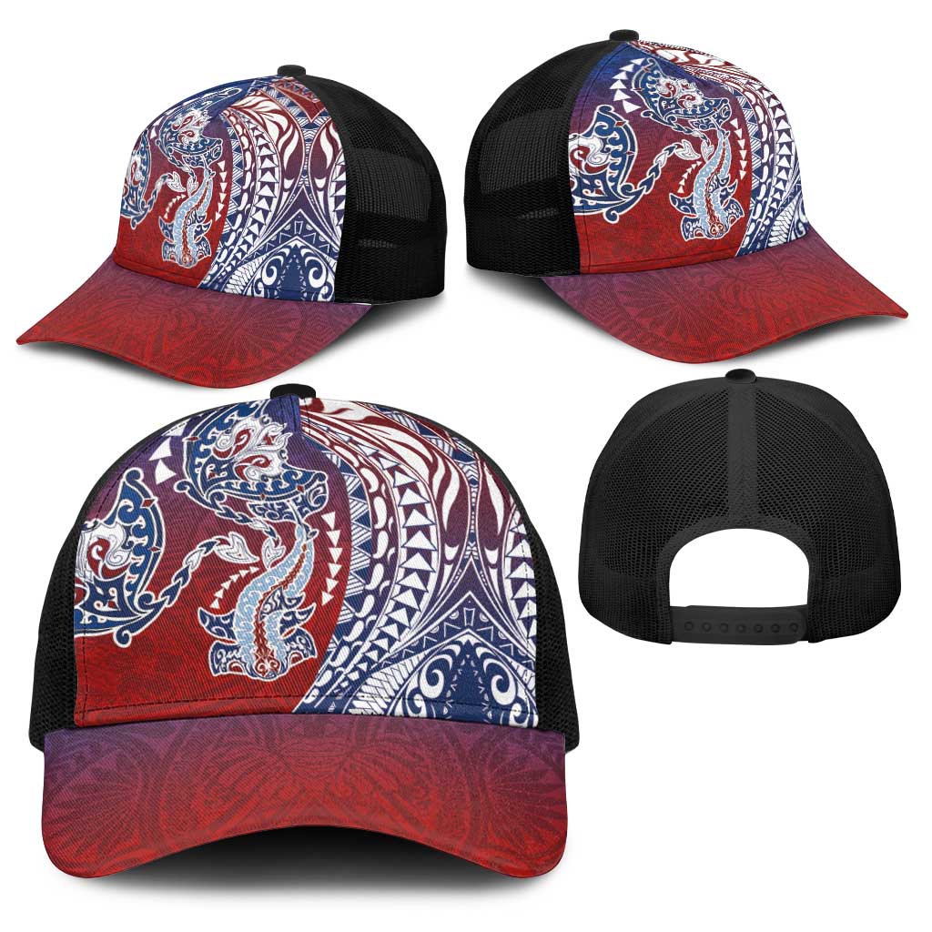 Hawaiian Manta Ray and Hammerhead Shark Tribal Tattoo Baseball Net Cap with Polynesian Tribal Pattern Hawaii Flag Color