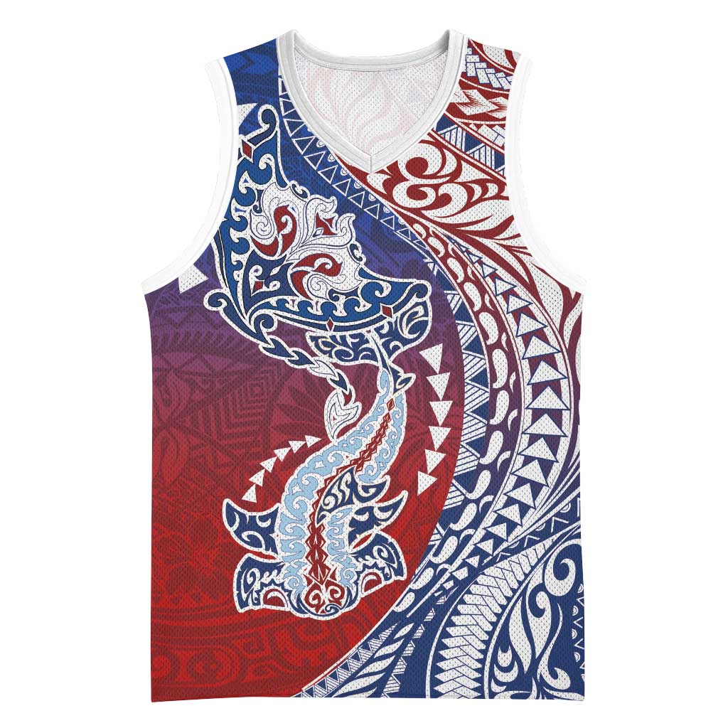 Hawaiian Manta Ray and Hammerhead Shark Tribal Tattoo Basketball Jersey with Polynesian Tribal Pattern Hawaii Flag Color LT03 Unisex Multicolor - Polynesian Pride