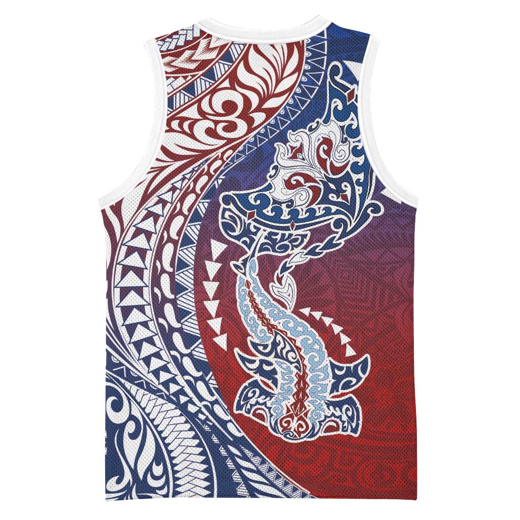 Hawaiian Manta Ray and Hammerhead Shark Tribal Tattoo Basketball Jersey with Polynesian Tribal Pattern Hawaii Flag Color LT03 - Polynesian Pride
