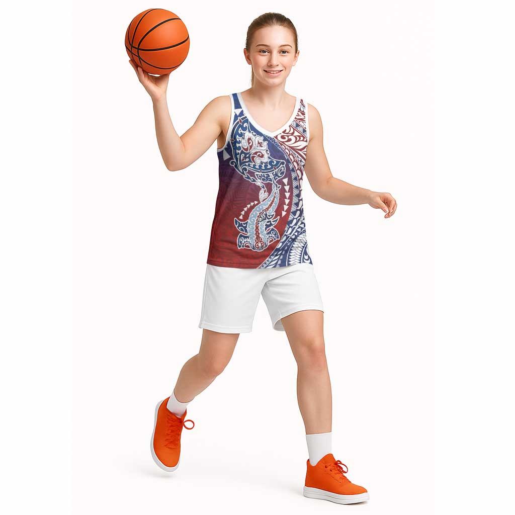 Hawaiian Manta Ray and Hammerhead Shark Tribal Tattoo Basketball Jersey with Polynesian Tribal Pattern Hawaii Flag Color LT03 - Polynesian Pride