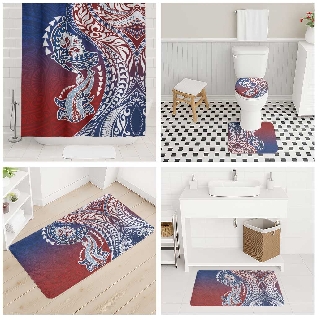 Hawaiian Manta Ray and Hammerhead Shark Tribal Tattoo Bathroom Set with Polynesian Tribal Pattern Hawaii Flag Color LT03 - Polynesian Pride