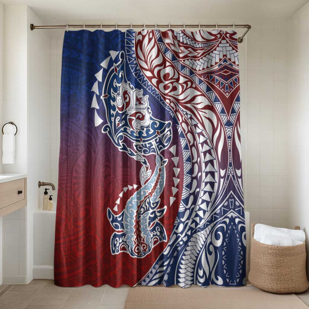 Hawaiian Manta Ray and Hammerhead Shark Tribal Tattoo Bathroom Set with Polynesian Tribal Pattern Hawaii Flag Color LT03 Shower Curtain Only Multicolor - Polynesian Pride