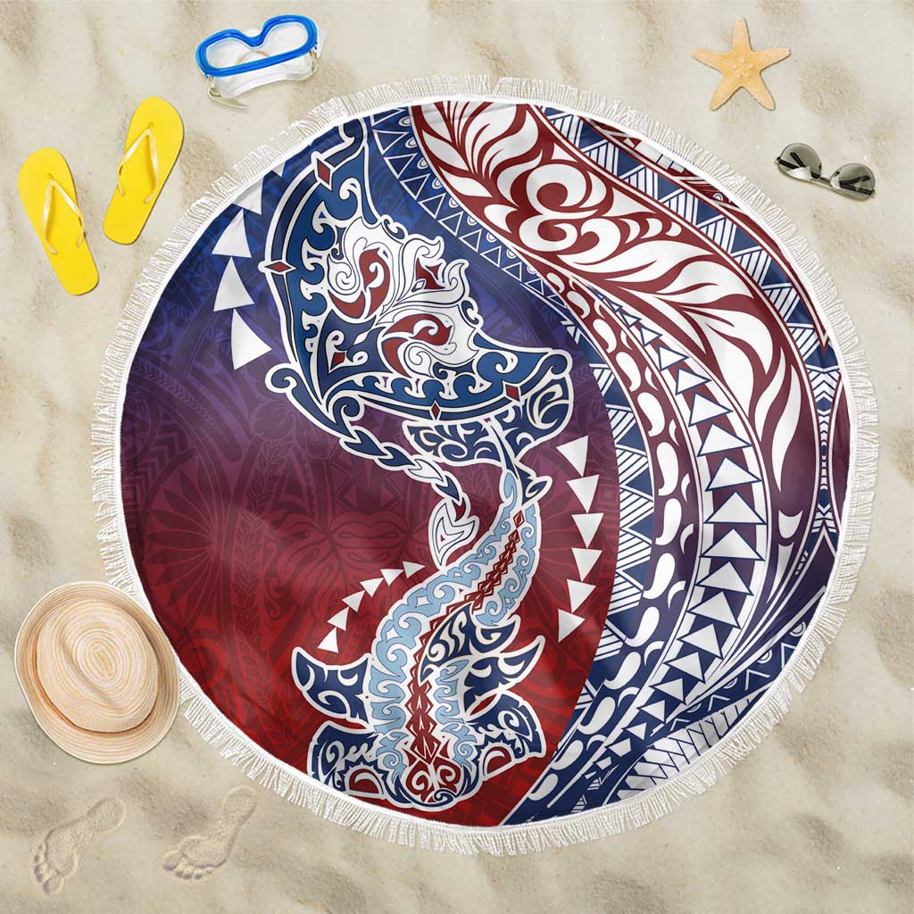 Hawaiian Manta Ray and Hammerhead Shark Tribal Tattoo Beach Blanket with Polynesian Tribal Pattern Hawaii Flag Color LT03 One Size 150cm Multicolor - Polynesian Pride