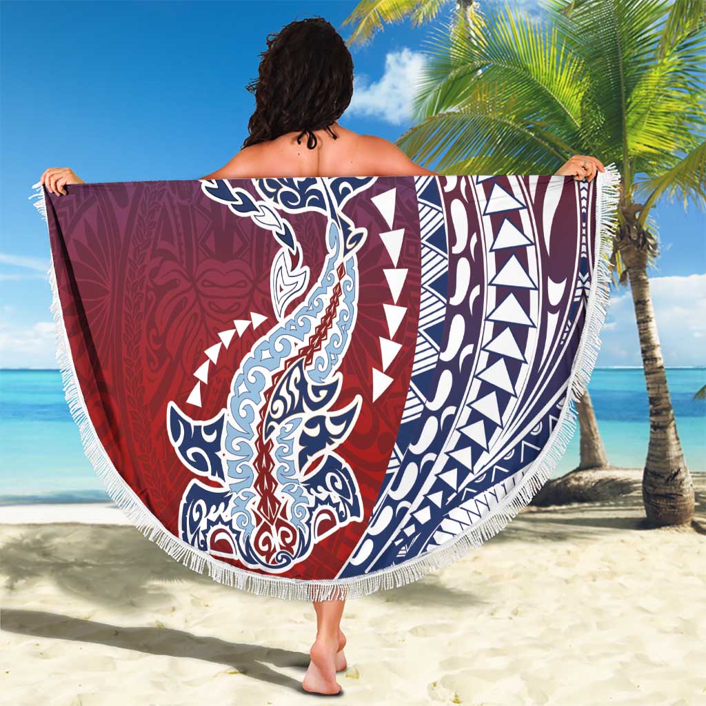 Hawaiian Manta Ray and Hammerhead Shark Tribal Tattoo Beach Blanket with Polynesian Tribal Pattern Hawaii Flag Color LT03 - Polynesian Pride