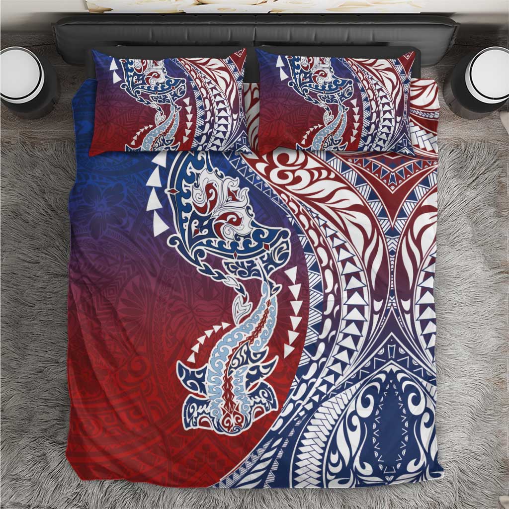 Hawaiian Manta Ray and Hammerhead Shark Tribal Tattoo Bedding Set with Polynesian Tribal Pattern Hawaii Flag Color