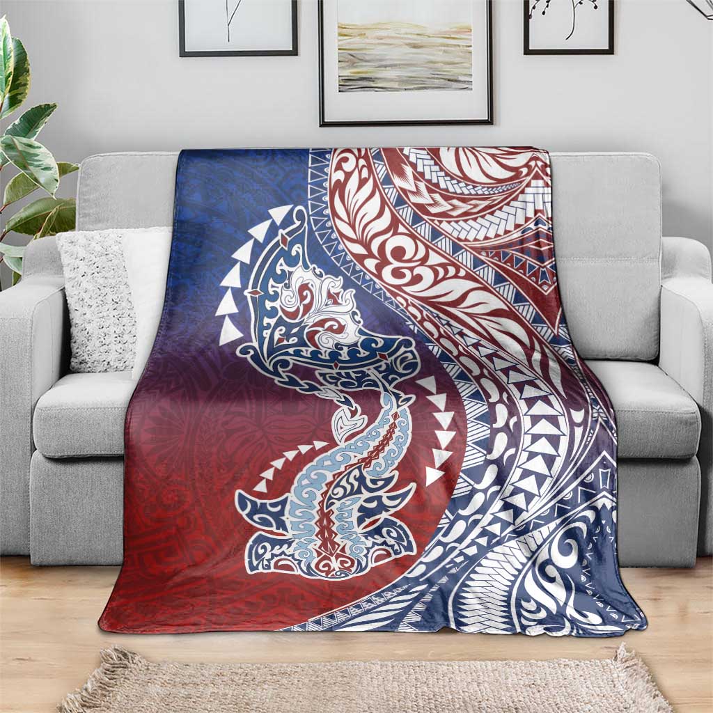 Hawaiian Manta Ray and Hammerhead Shark Tribal Tattoo Blanket with Polynesian Tribal Pattern Hawaii Flag Color LT03 - Polynesian Pride
