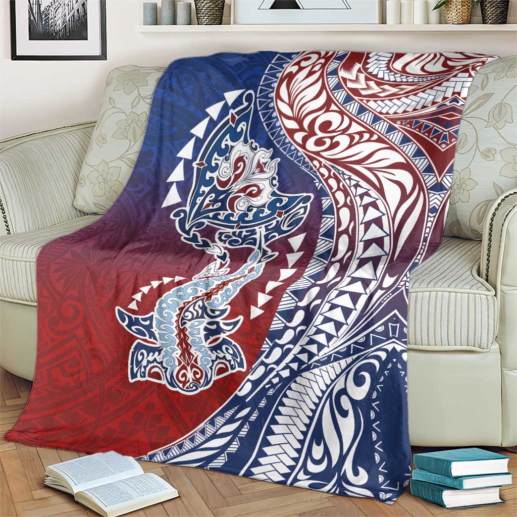 Hawaiian Manta Ray and Hammerhead Shark Tribal Tattoo Blanket with Polynesian Tribal Pattern Hawaii Flag Color LT03 - Polynesian Pride