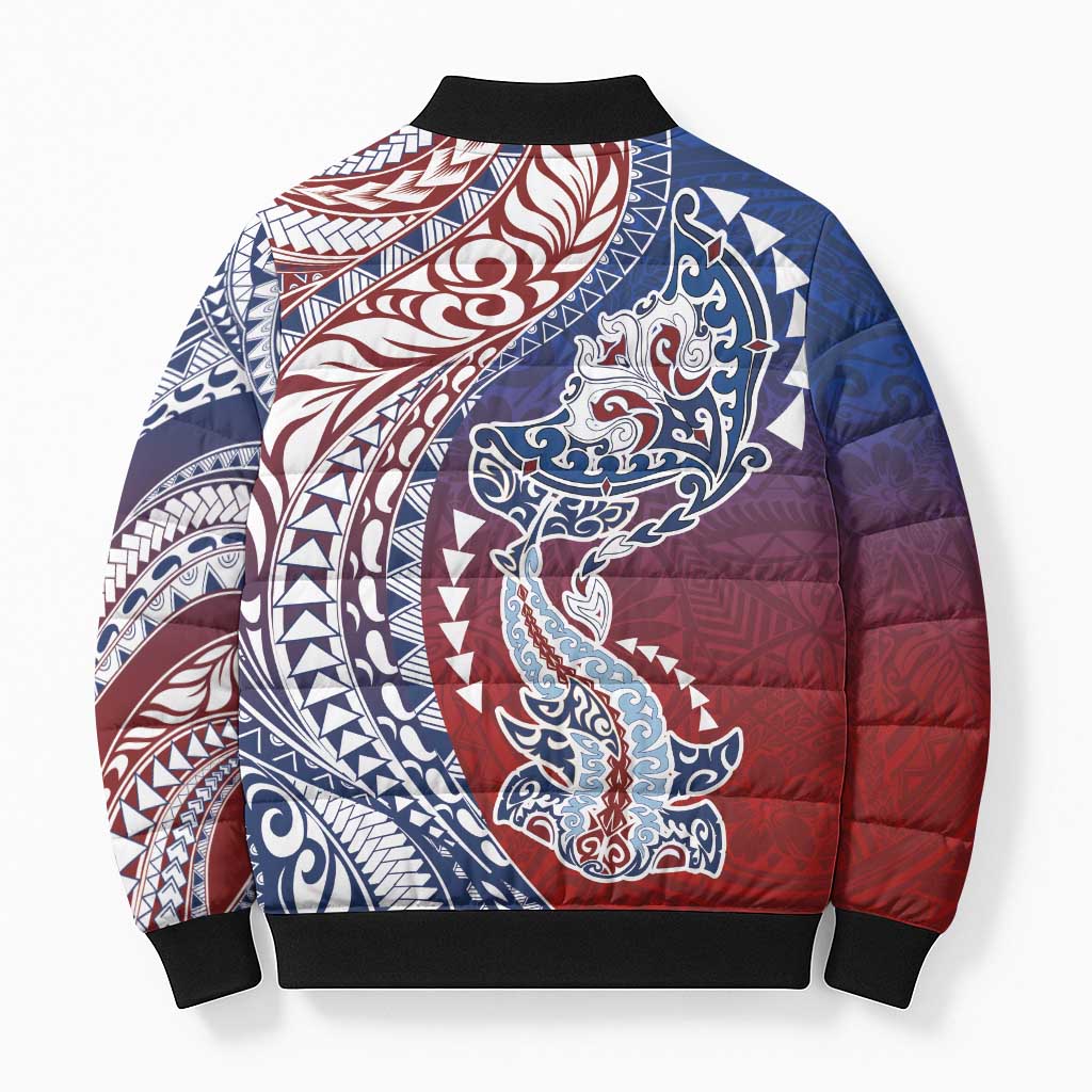Hawaiian Manta Ray and Hammerhead Shark Tribal Tattoo Bomber Puffer Jacket with Polynesian Tribal Pattern Hawaii Flag Color LT03 - Polynesian Pride