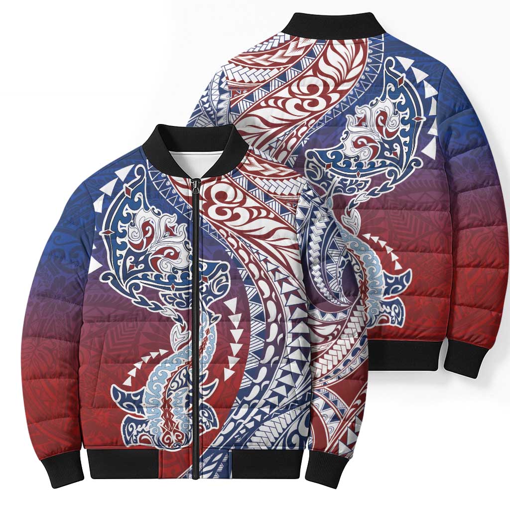 Hawaiian Manta Ray and Hammerhead Shark Tribal Tattoo Bomber Puffer Jacket with Polynesian Tribal Pattern Hawaii Flag Color LT03 - Polynesian Pride