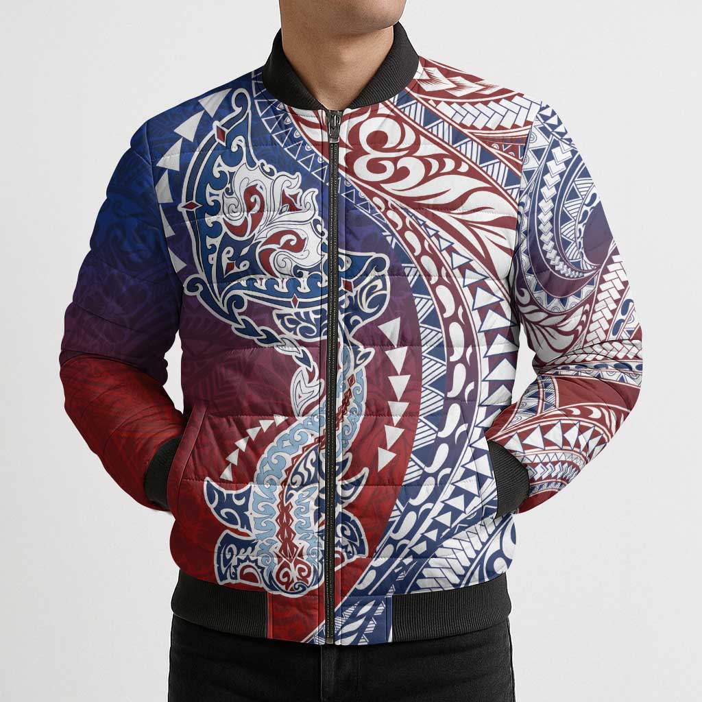 Hawaiian Manta Ray and Hammerhead Shark Tribal Tattoo Bomber Puffer Jacket with Polynesian Tribal Pattern Hawaii Flag Color LT03 - Polynesian Pride