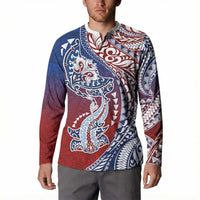 Hawaiian Manta Ray and Hammerhead Shark Tribal Tattoo Button Sweatshirt with Polynesian Tribal Pattern Hawaii Flag Color