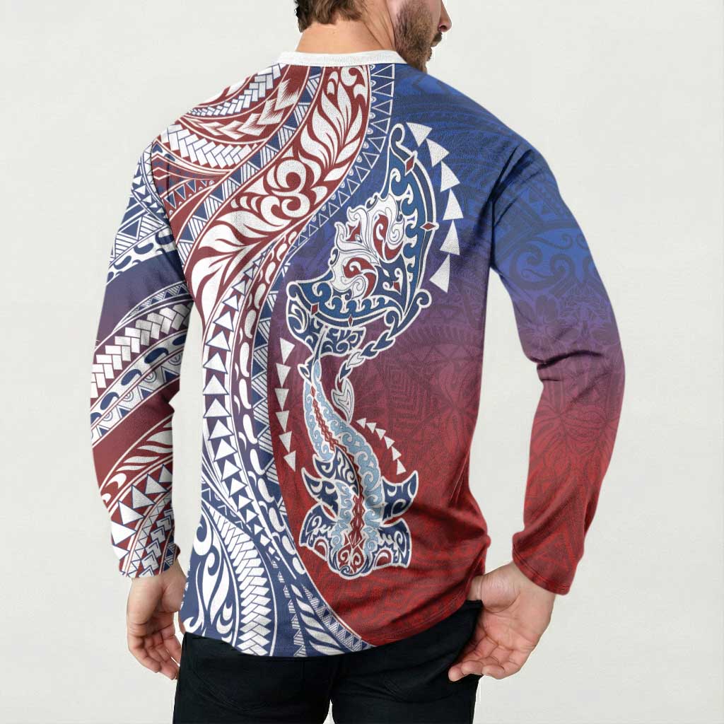 Hawaiian Manta Ray and Hammerhead Shark Tribal Tattoo Button Sweatshirt with Polynesian Tribal Pattern Hawaii Flag Color